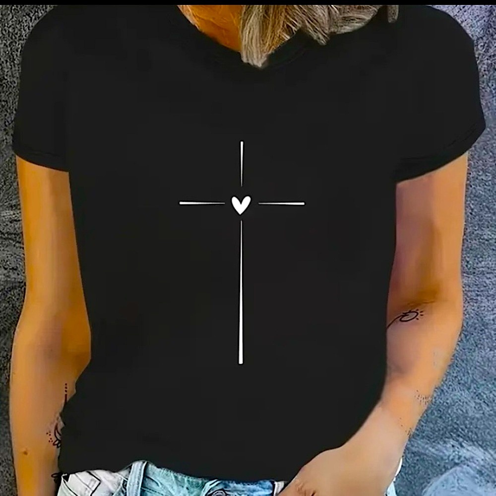 Black Short Sleeve Women’s Tee with Heart and Cross Design Sz.XL New